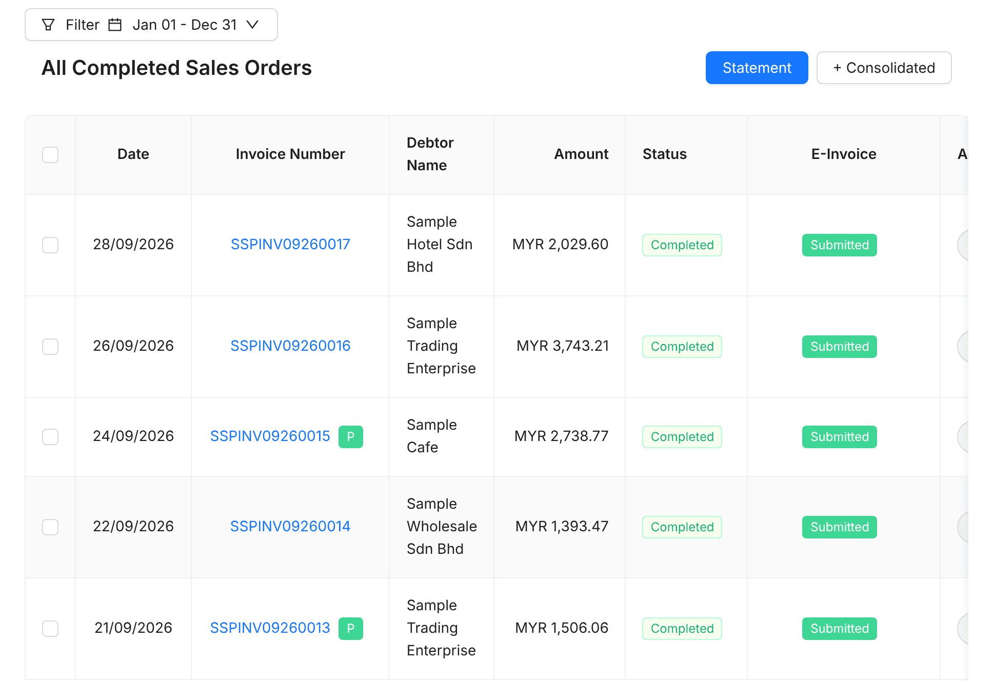 Completed sales invoices list with customer, amount and status