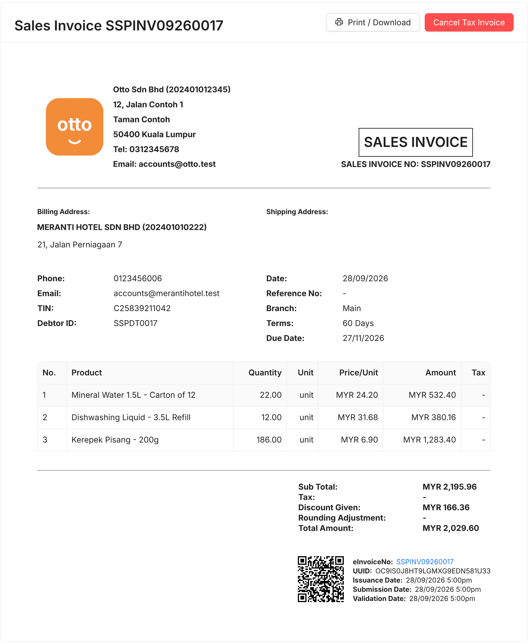 Sales invoice for Otto Sdn Bhd with the company logo, line items, totals and the LHDN QR code
