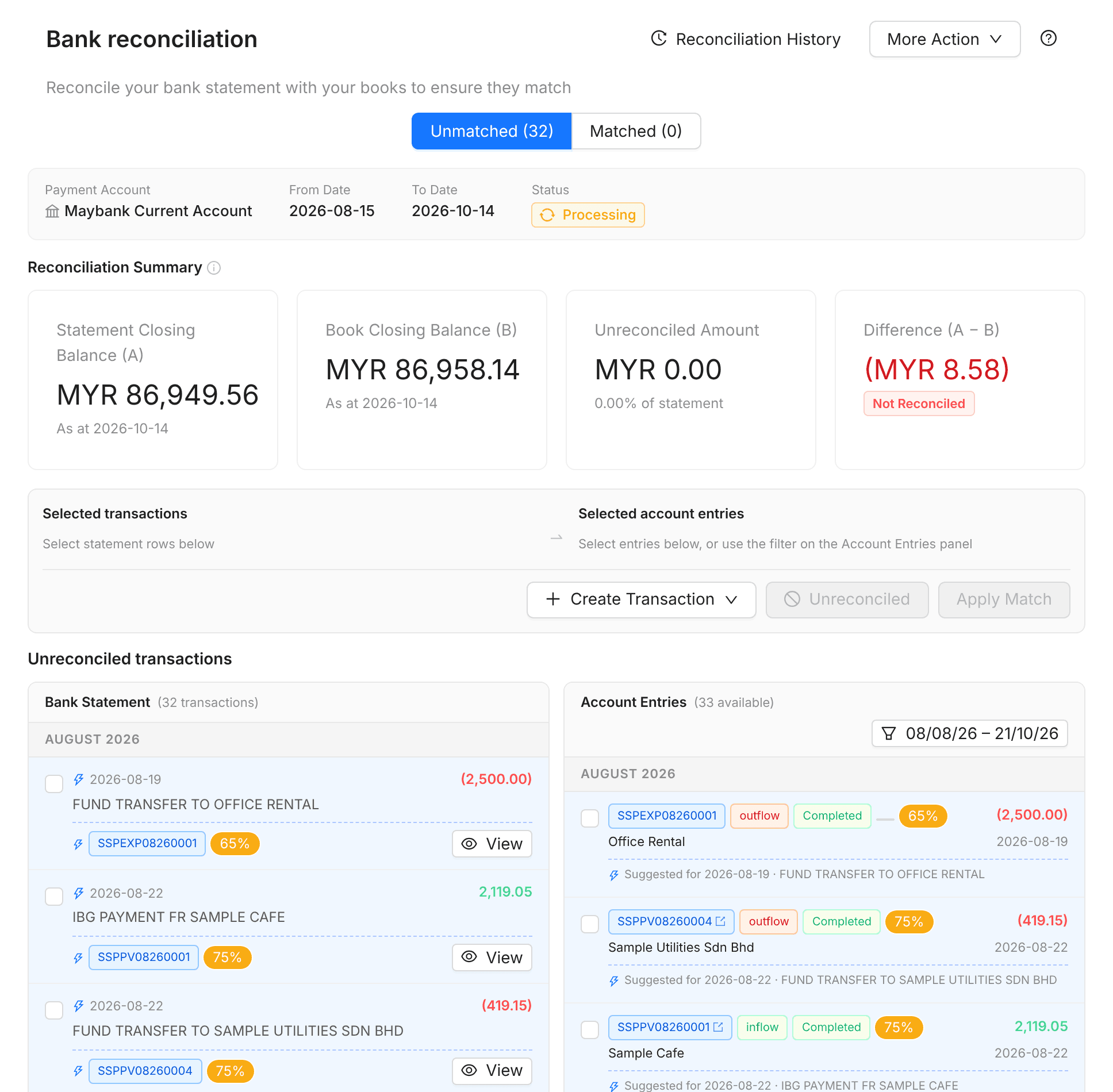 Bank reconciliation screen with statement balance, book balance and suggested matches between statement lines and account entries