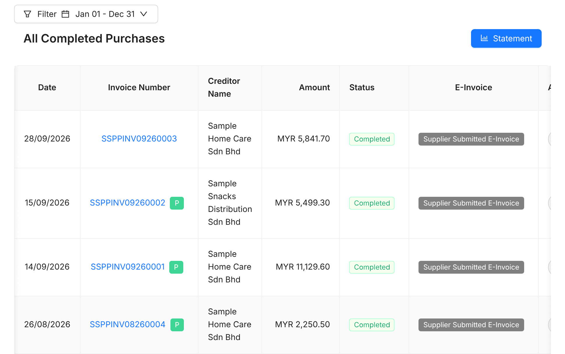 Completed purchases list with supplier e-invoice status