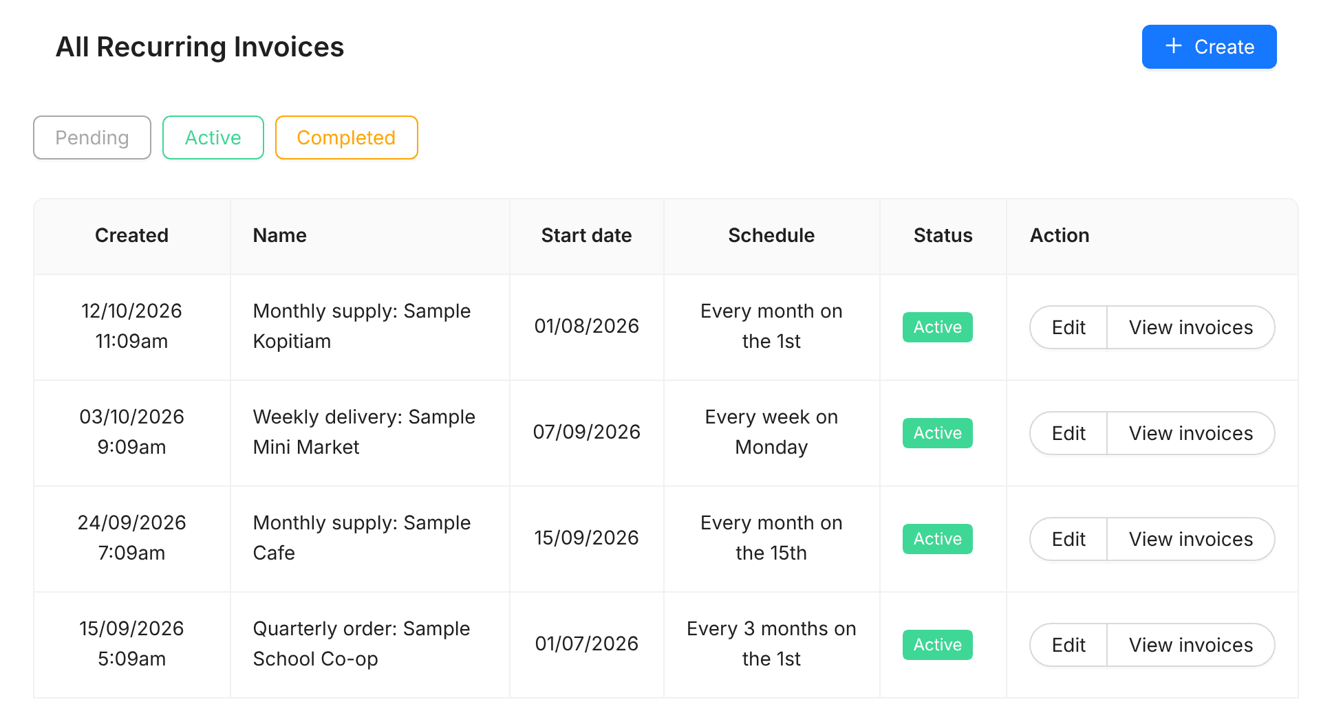 Recurring invoices list with schedule and active status